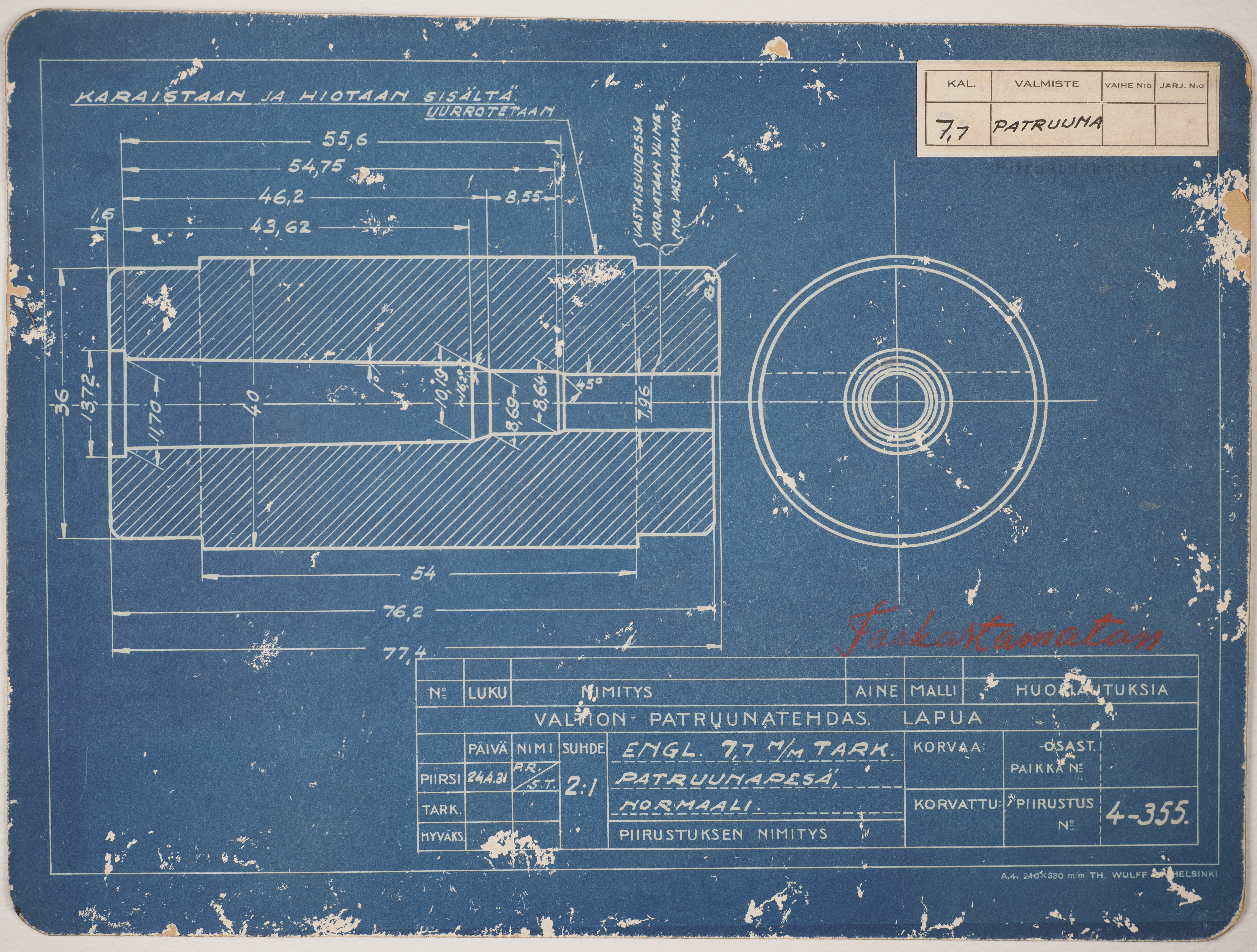 Lapuan patruunatehdas, sinikopio patruunapesän piirustuksesta vuodelta 1931. Lapuan patruunatehtaan museon kuva-arkisto. Lapuan kaupungin museot.