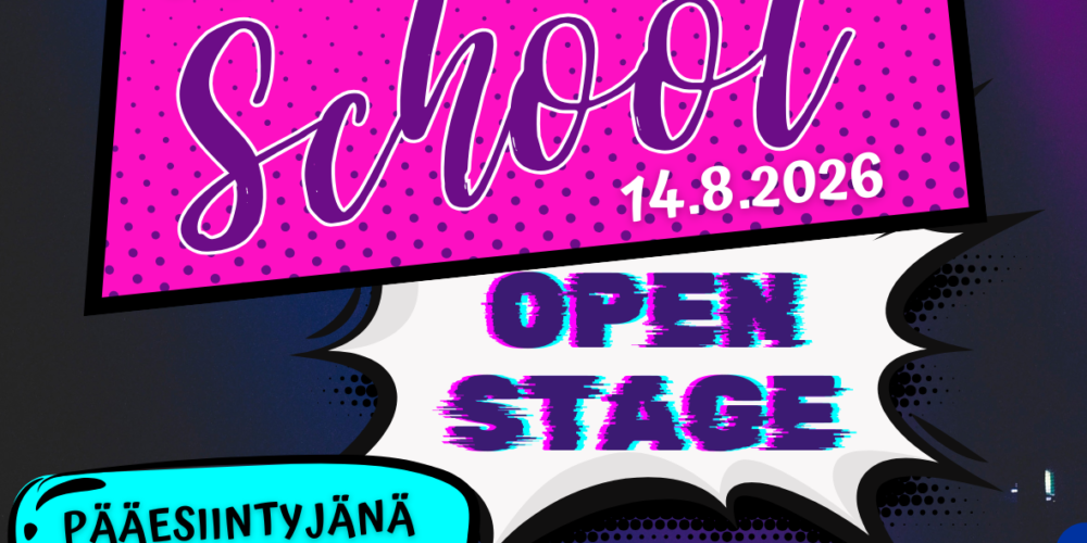 Tapahtumamainos tummalla taustalla, jossa tekstit: ”Hae esiintyjäksi”, ”Back to School 14.8.2026”, ”Open Stage” ja ”Pääesiintyjänä Kullervo”. Alareunassa on Lapuan kaupungin logo ja QR-koodi.